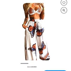 JBEELATE 2 PC Bohemian Outfit for Women Butterfly Print Crop top wide leg size L